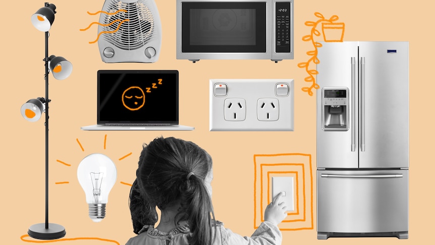 Various electronic appliances with a young girl on a orange backdrop