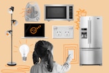 Various electronic appliances with a young girl on a orange backdrop