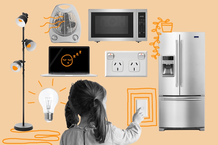 Various electronic appliances with a young girl on a orange backdrop