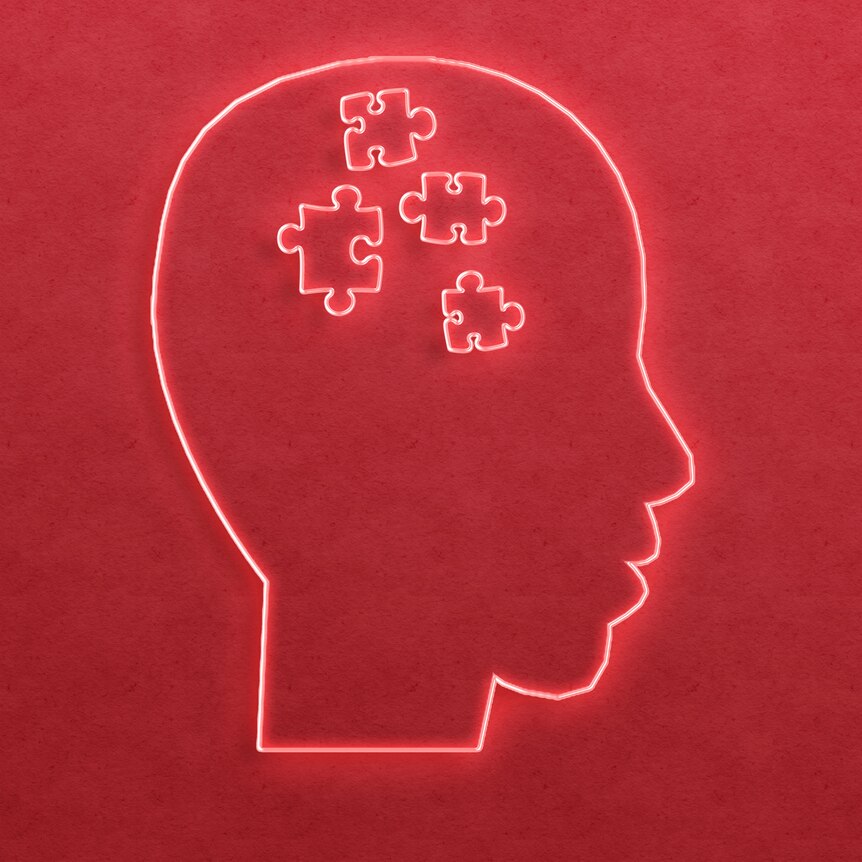 Red wall with a neon light outline of a person's head. Inside the head is puzzle pieces. 