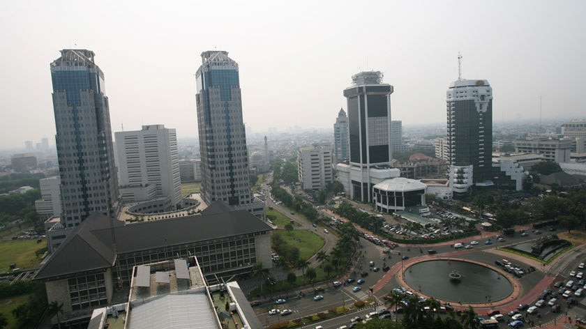 A view of clear skies of the central Jakarta skyline in Indonesia.