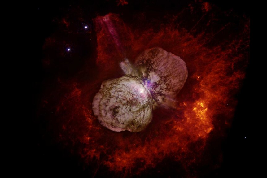 Eta Carinae, seen through the Hubble telescope, could explode any time.