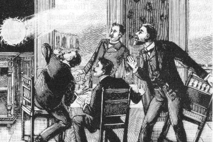 This 19th century engraving depicts ball lightning entering a room, to the suprise of several men.