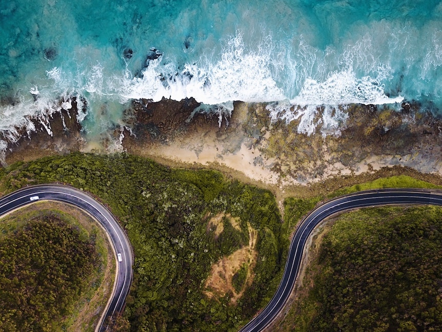 A drone photo of the Great Ocean Road.