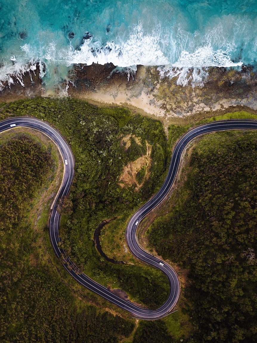 A drone photo of the Great Ocean Road.