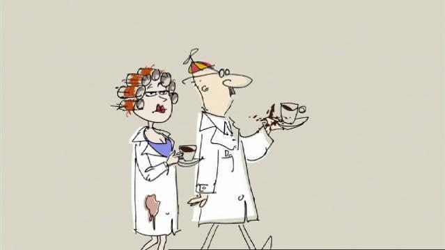 An illustration of two scientists walking with coffee cups, one scientist has spilled his coffee