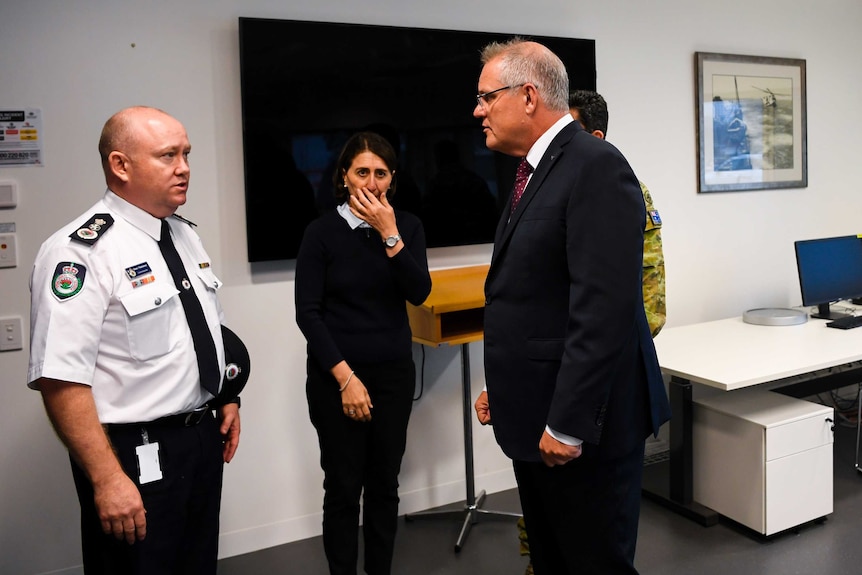 Shane Fitzsimmons, Gladys Berejiklian and Scott Morrison speak