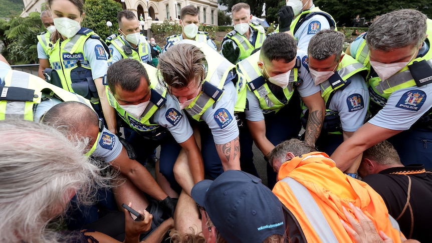 A group of police reach for protesters sitting on the ground outside parliament.