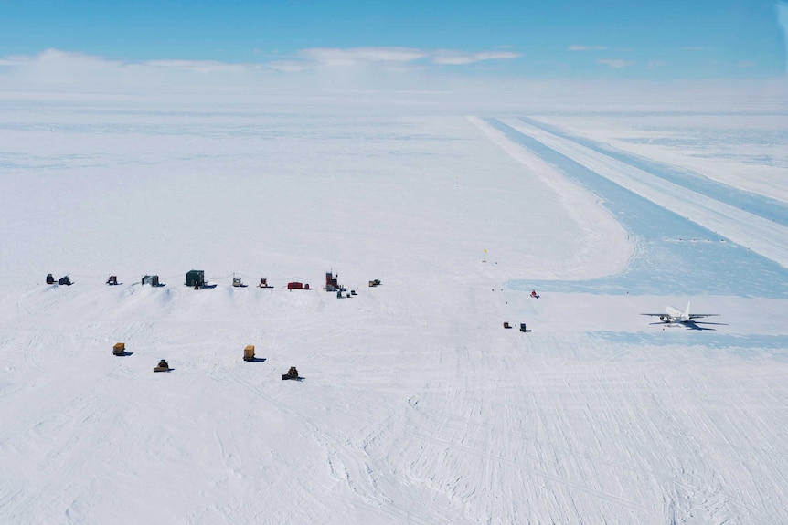 An aerial view of ice runway and aerodrome.