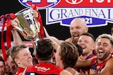 Melbourne Demons players smile as they lift the AFL premiership cup on stage at the grand final.