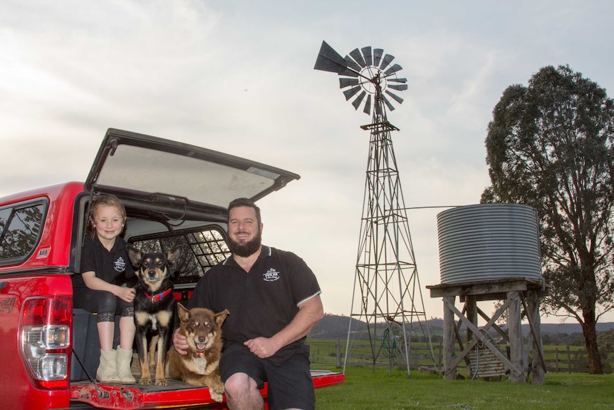 A young girl and a man sit in the back of a ute with two dogs, farm in background.