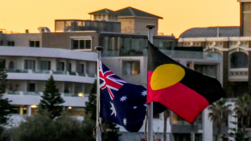 Australian and Aboriginal flags flying at Bondi Beach, Sydney
