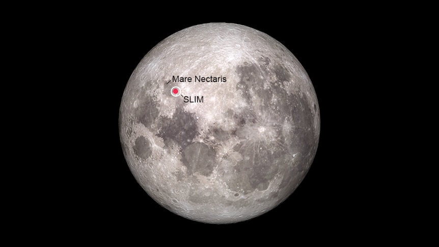 An orbiter image of the moon with labels to show where Japan's SLIM spacecraft is expected to land.