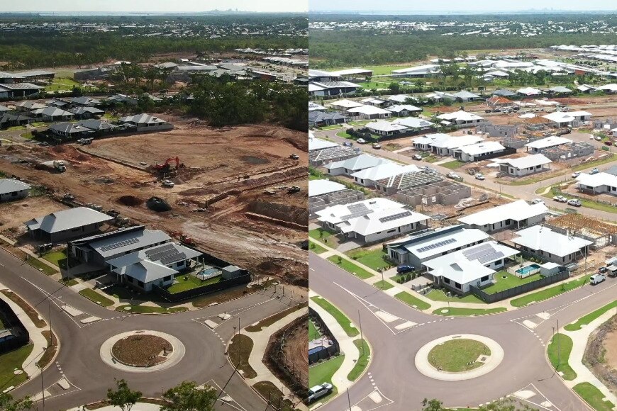 Two birds eye views of a suburb have been stitched together to show an increase of houses over a short period of time.