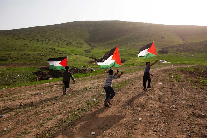 Palestinian Bedouin boys play with Palestinian flags