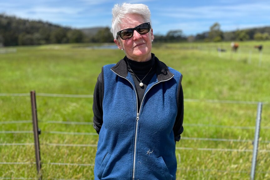 A woman stands in a paddock.