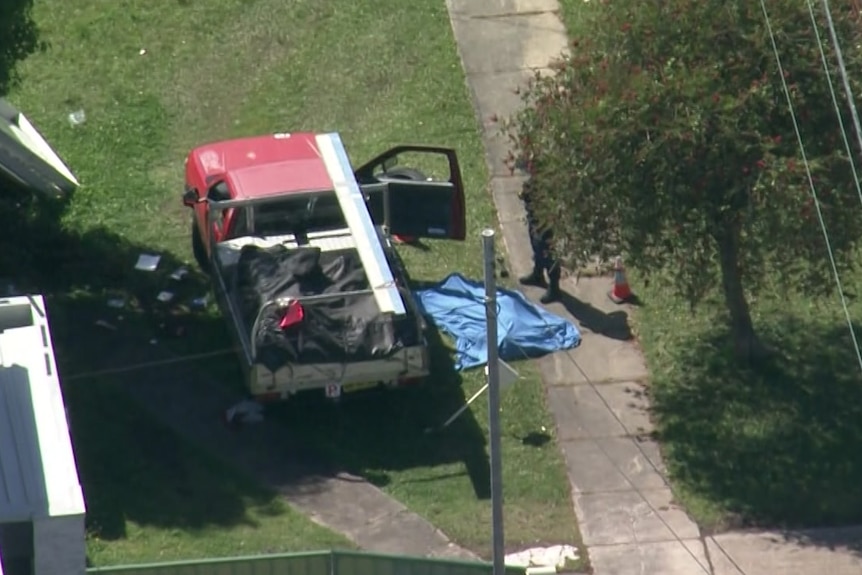 A body, covered with a sheet, lies next to a ute.