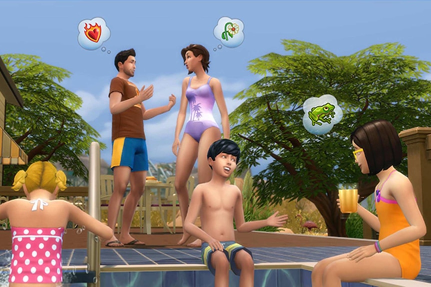 A screenshot showing animated characters from game The Sims having a pool party