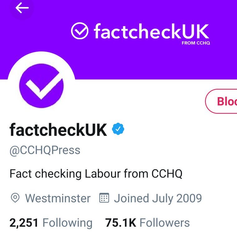 A twitter account titled "fact check UK" with a tick logo and a purple colour scheme.