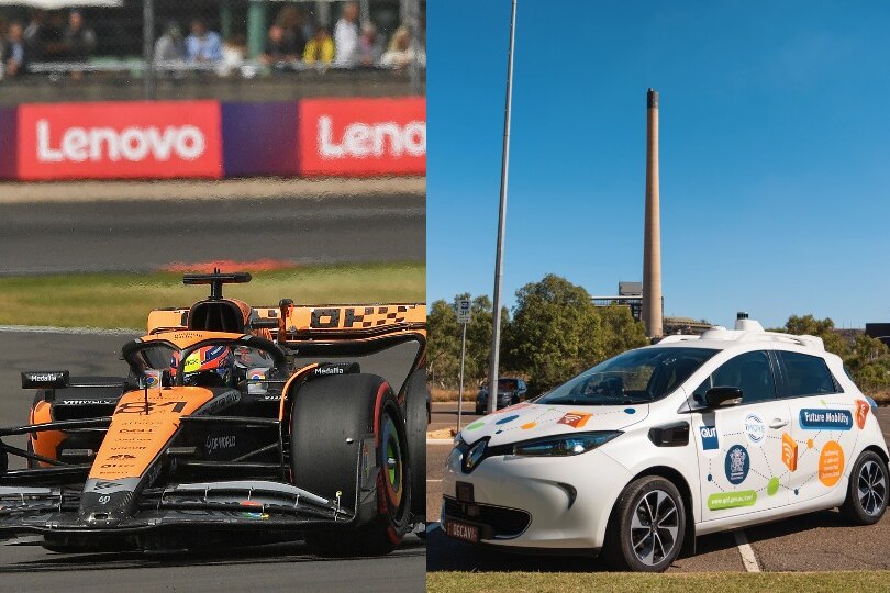 A photo of a Formula 1 car racing on a track, next to a photo of a small hatchback parking in a parking lot.