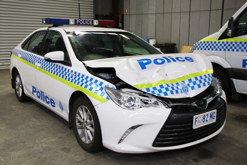 Tasmania Police car with damage to front end.