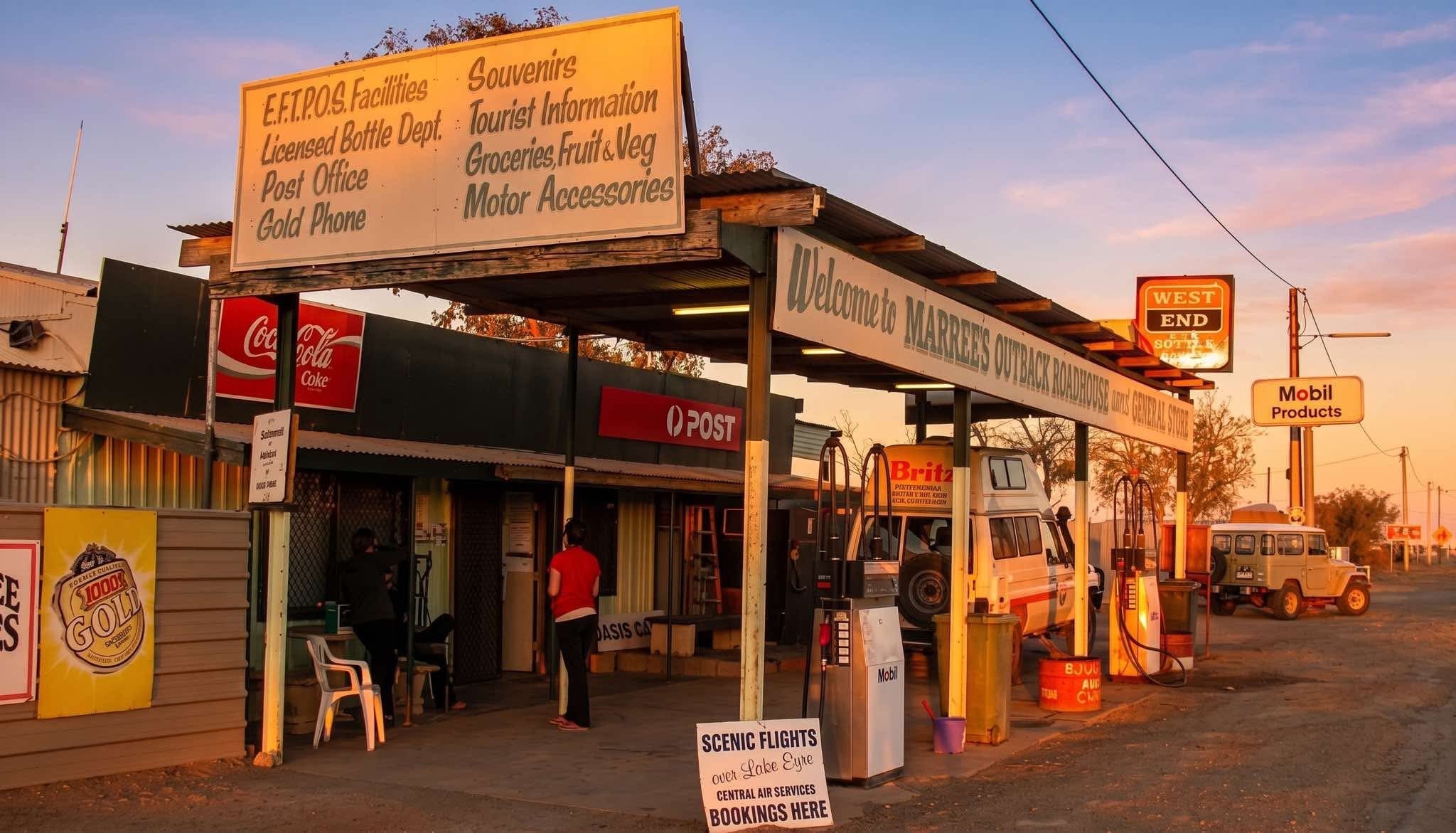 An outback roadhouse, with petrol pumps out the front.