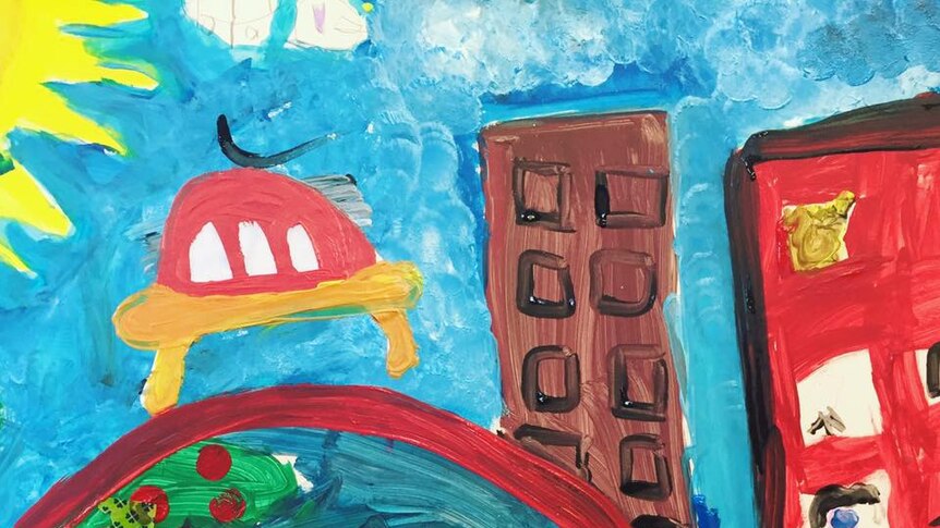a child painting of a mosque in a city landscape