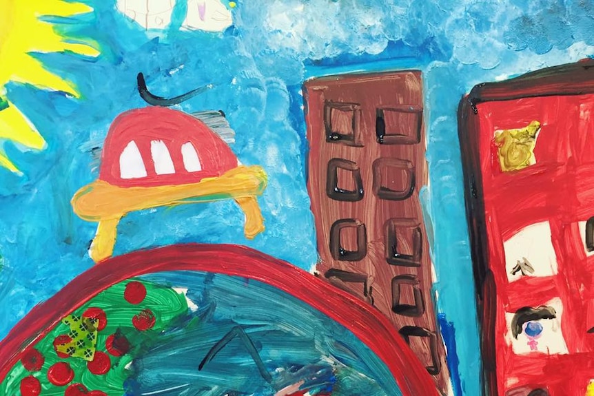a child painting of a mosque in a city landscape