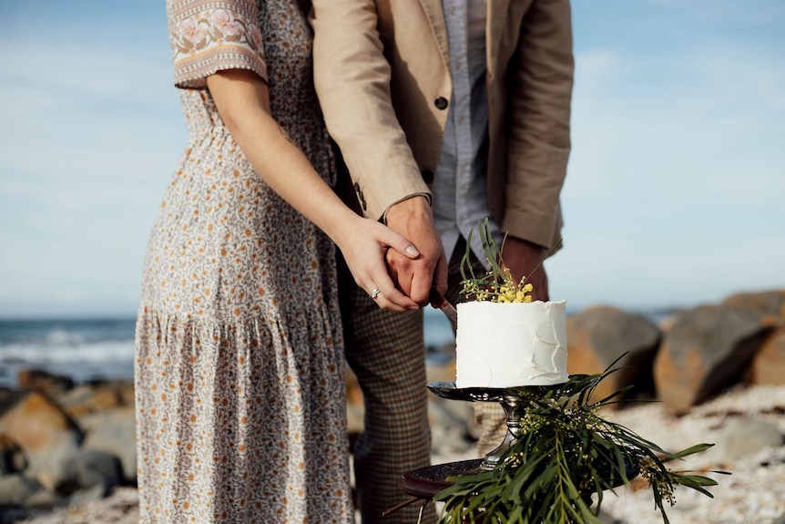 A bride and groom cut a wedding cake.