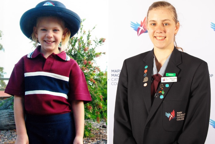 Photo of Mary MacKillop year 12 graduate Holly Hutchison on her first day in prep and last week as yr 12