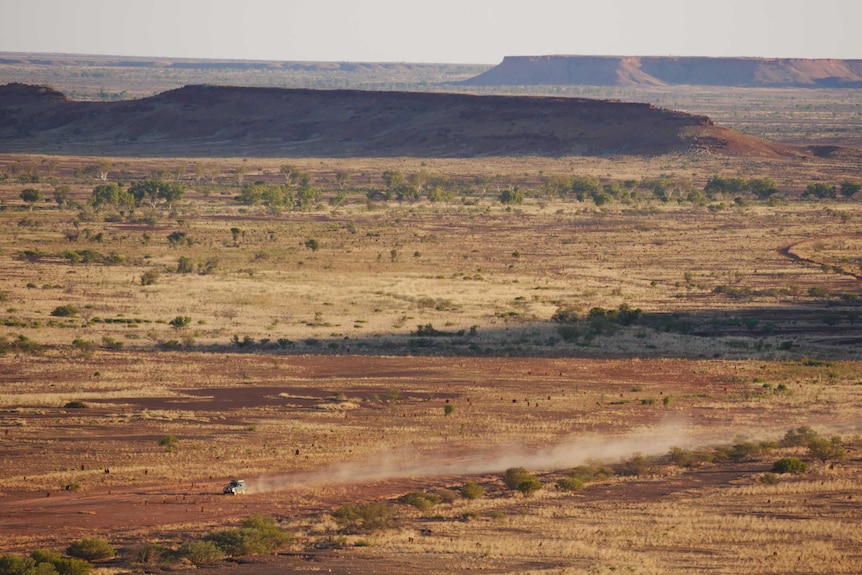 A car drives down a dirt road outside Balgo.