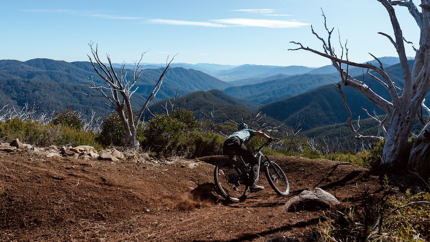 A man on a mountain bike going down a track with mountains in the background