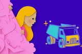 Illustration of a girl standing next to pink items, looking over at a truck, depicting children's traditional gender roles.