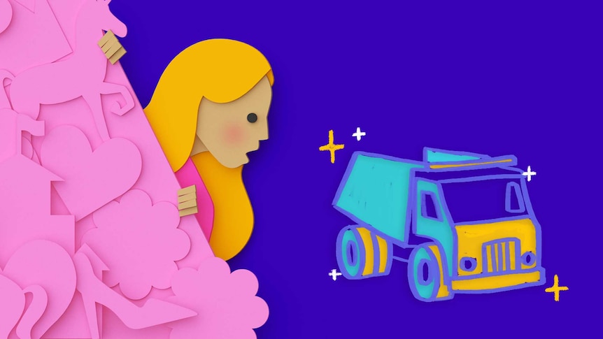 Illustration of a girl standing next to pink items, looking over at a truck, depicting children's traditional gender roles.