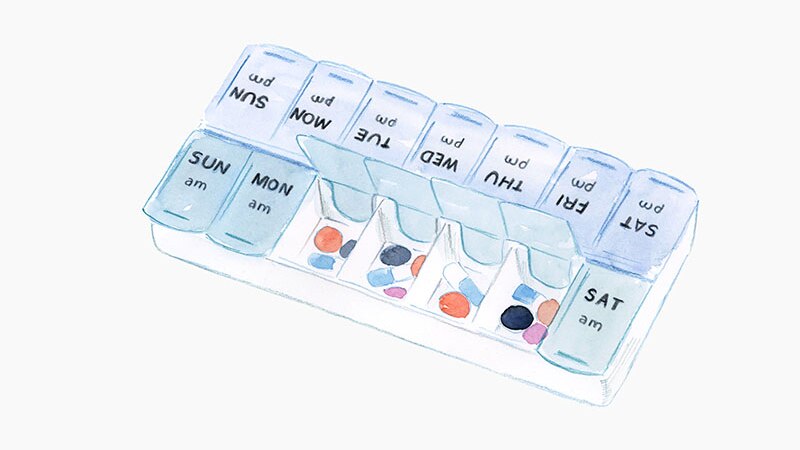 Illustration of a box willed with pills and different days of the week.