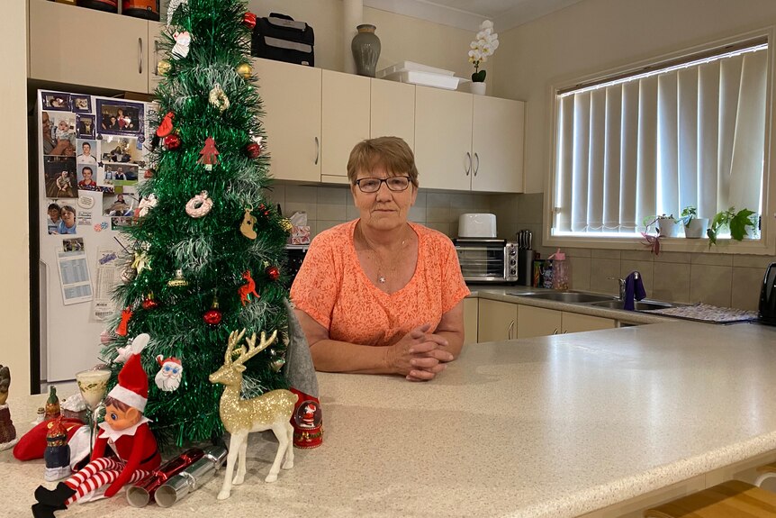 A woman leaning against her kitchen bench, which has a small Christmas tree on it. 