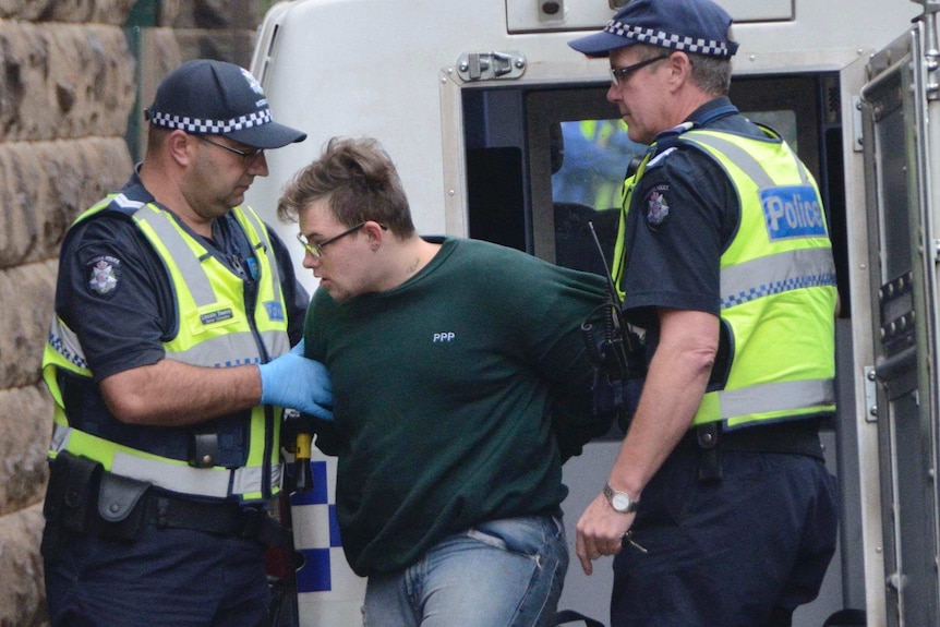 Harley Hicks arrives at the Supreme Court in Bendigo for sentencing after being found guilty.