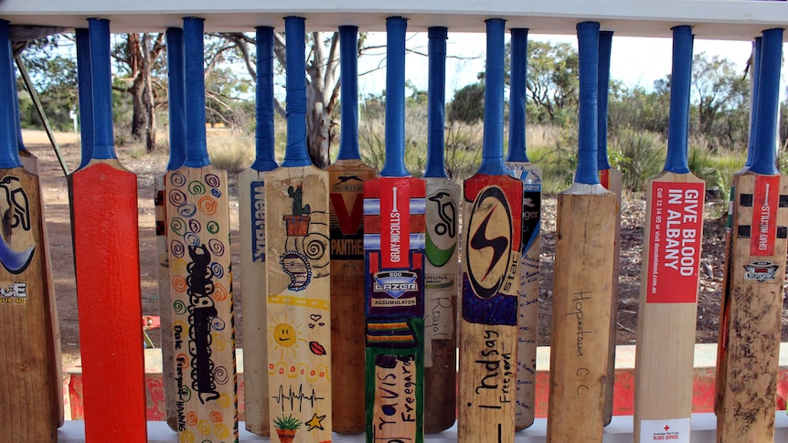 18 decorated cricket bats in a fence panel