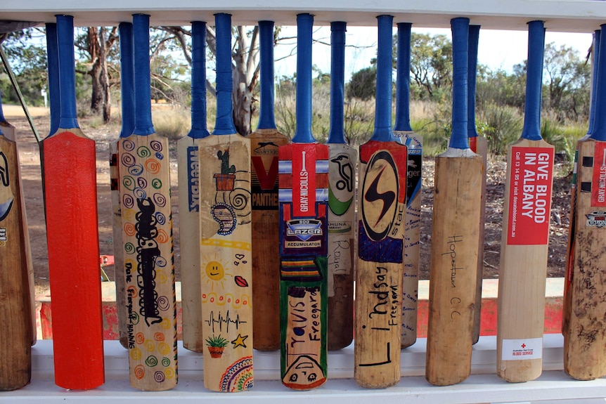 18 decorated cricket bats in a fence panel