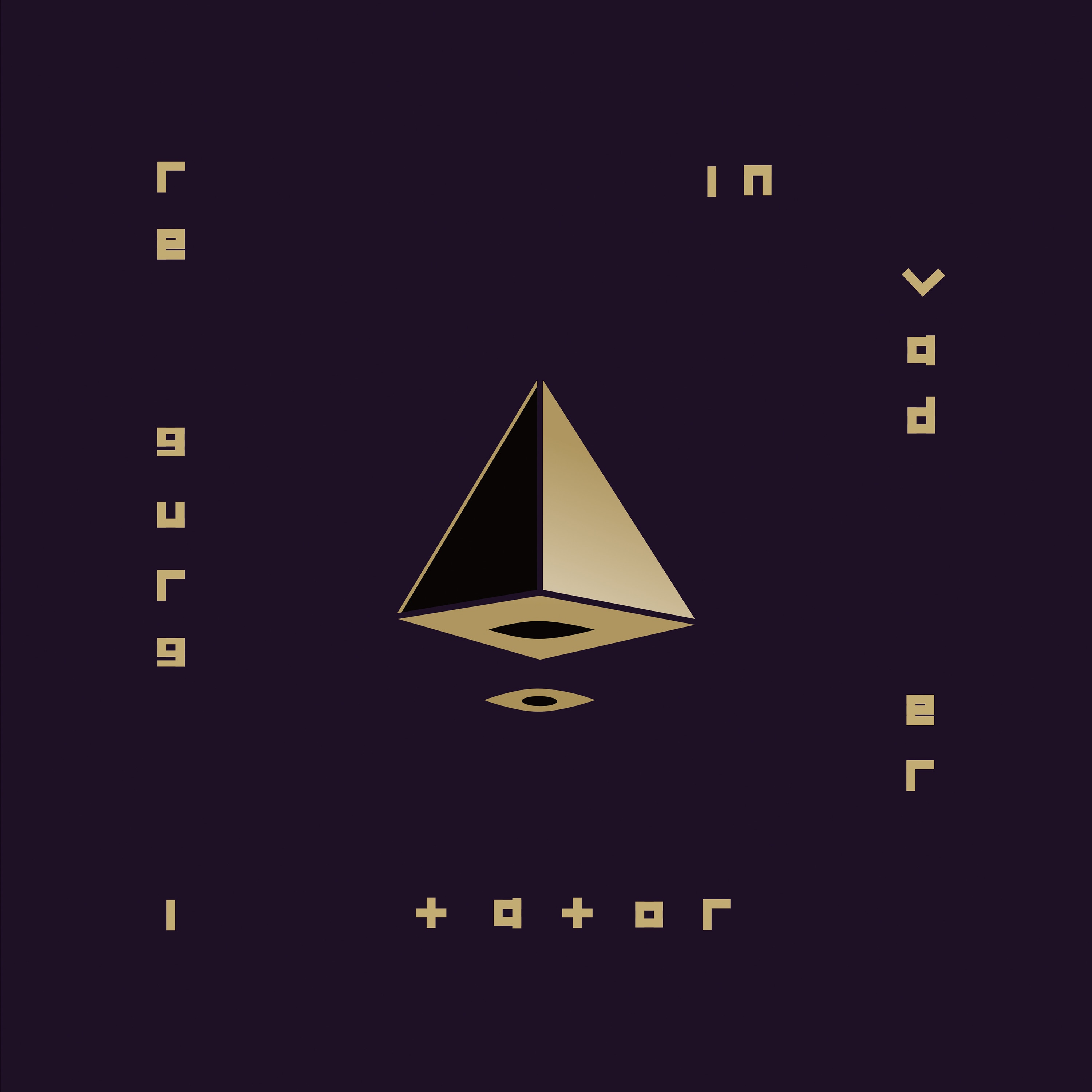 Illustration of a golden pyramid floating on dark backgroun among fragmented block text reading: regurgitator invader