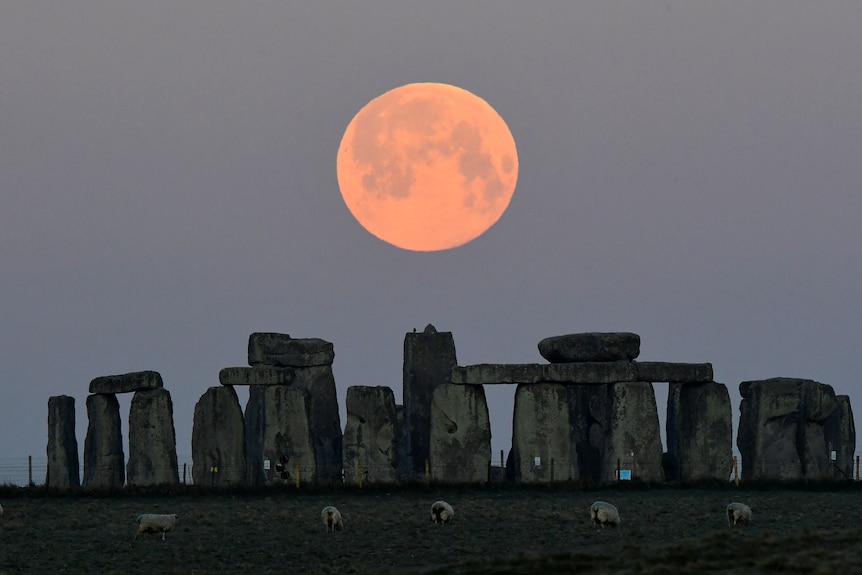 A huge pink full moon rises above Stonehenge at twilight. 