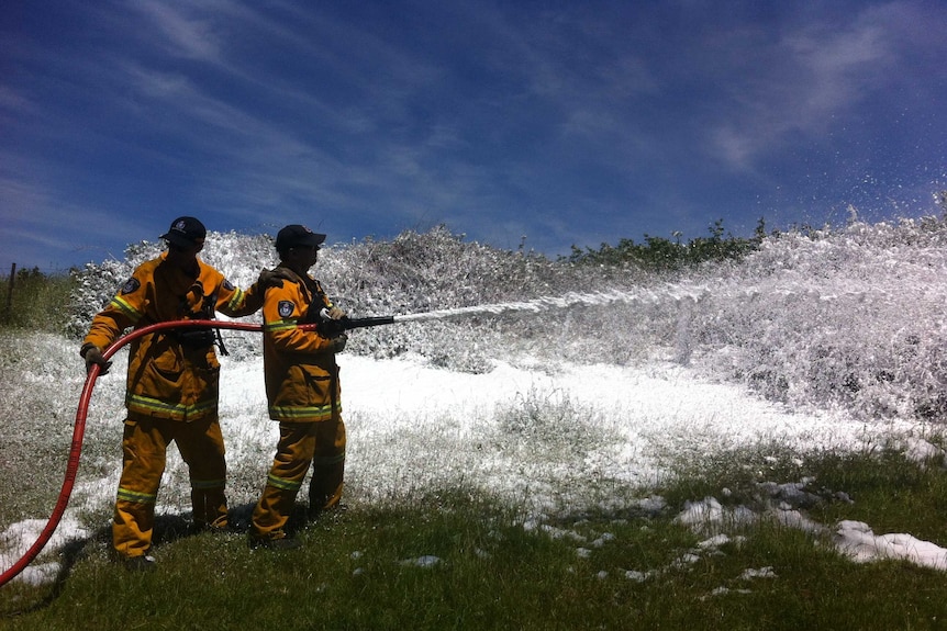 Tasmanian firefighters using the state's new 'compresses air foam' device