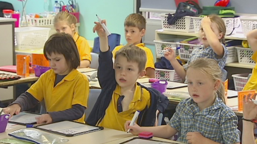 A student at Challis puts his hand up as primary students listen in class