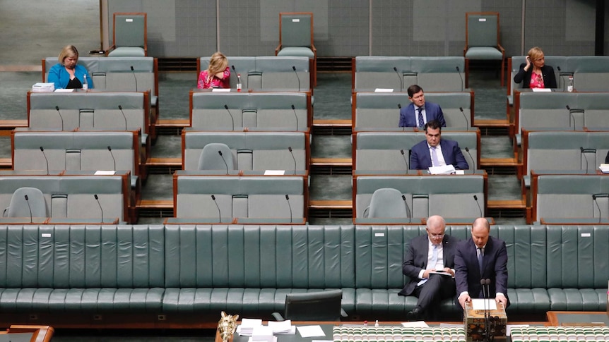 Six members sit in separate benches more than a metre away from each other in the House of Representatives.