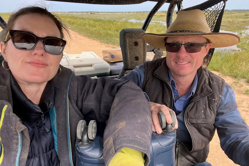 A man and a woman ride in a buggy.