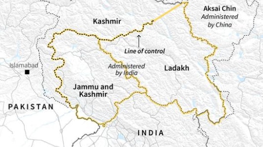 A map of Jammu and Kashmir and where it sits between India and Pakistan