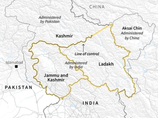 A map of Jammu and Kashmir and where it sits between India and Pakistan