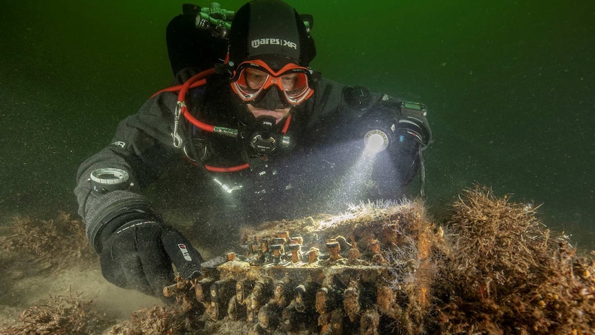 Diver and underwater archaeologist Florian Huber touches a rare Enigma cipher machine on the seabed.
