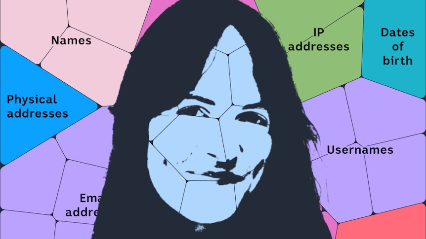 An illustration shows a mosaic of data breach information and a silhouette of a woman's face