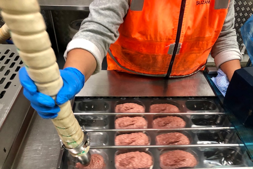 Pet food mince being pumped into plastic packets.